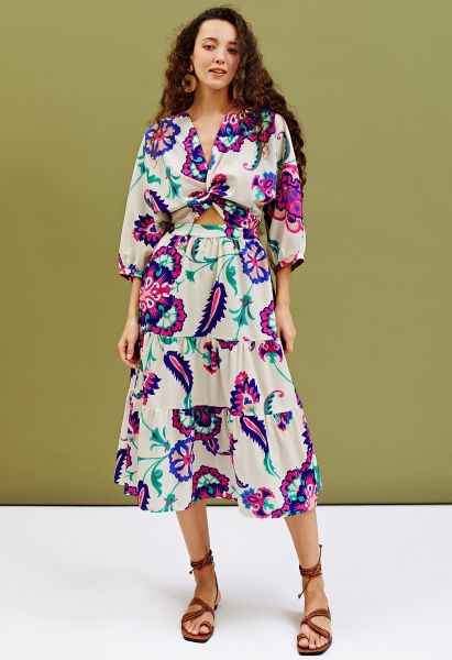 Floral Paisley Print Twist V-Neck Midi Dress