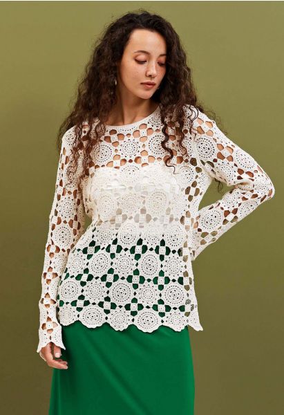 Relaxed Floral and Check Crochet Top in White