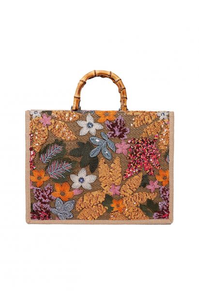 Sequin Floral Embroidered Bamboo Handle Tote Bag in Orange