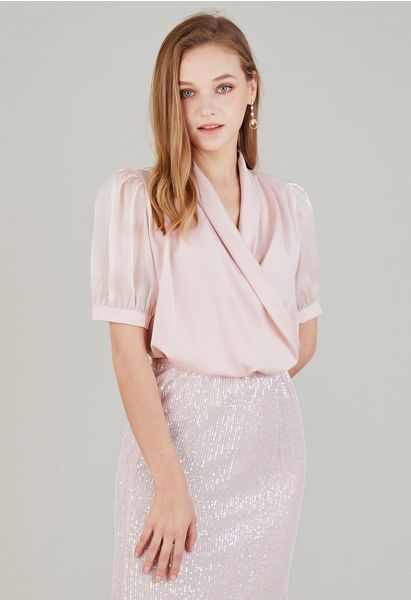 Wrap Front Short-Sleeve Spliced Top in Pink