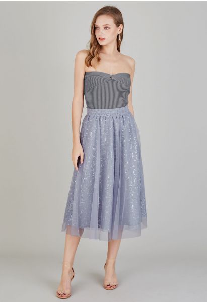 Sequined Floral Lace Mesh Tulle Skirt in Grey