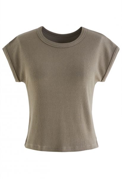 Elegant Crew Neck Cotton Crop Top in Taupe