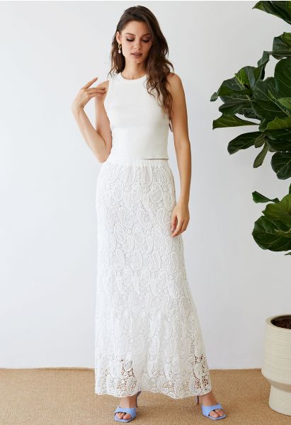 Paisley Cutwork Lace Maxi Skirt in White
