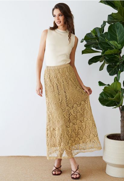 Paisley Cutwork Lace Maxi Skirt in Tan
