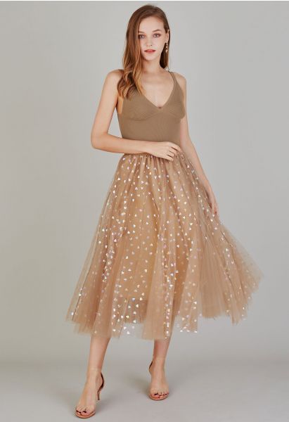 Iridescent Hearts Mesh Tulle Midi Skirt in Tan