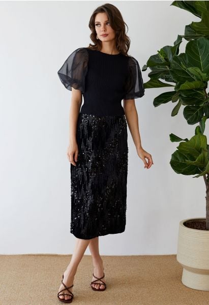 Velvet Sequins Embellished Pencil Skirt in Black