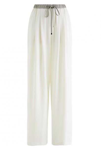 Contrast Waist Satin Pleated Straight-Leg Pants in Cream