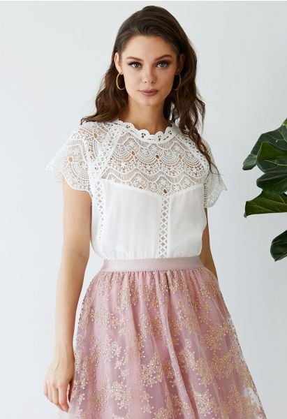 Scallop Lace Panelled Chiffon Top in White