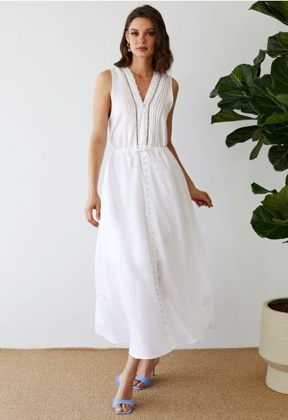 V-Neck Buttoned Sleeveless Dress in White