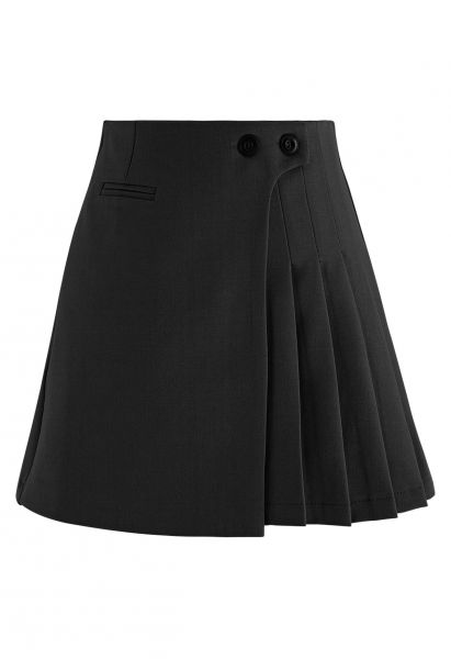 Twin Buttons Pleated Flap Mini Skirt in Black