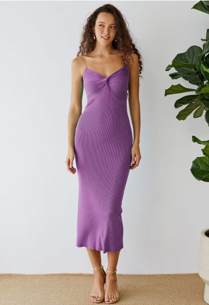 Twist Front Bodycon Knit Cami Dress in Purple