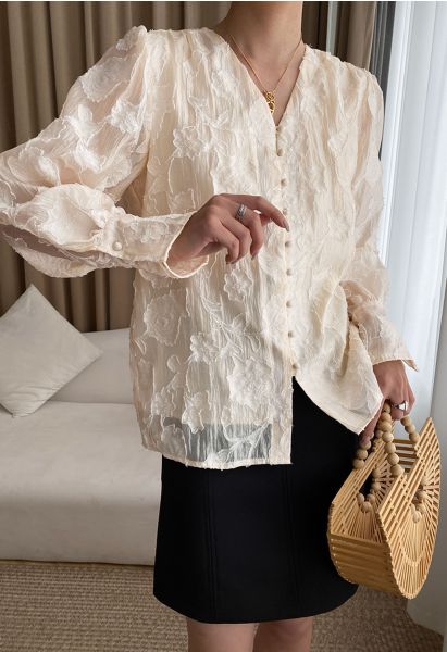 Camellia Flower Jacquard Collarless Shirt