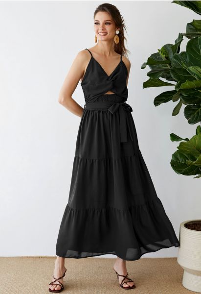 Twist Cutout Shirred Cami Maxi Dress in Black