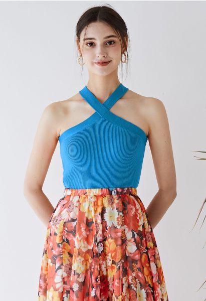 Criss Cross Straps Halter Knit Top in Blue