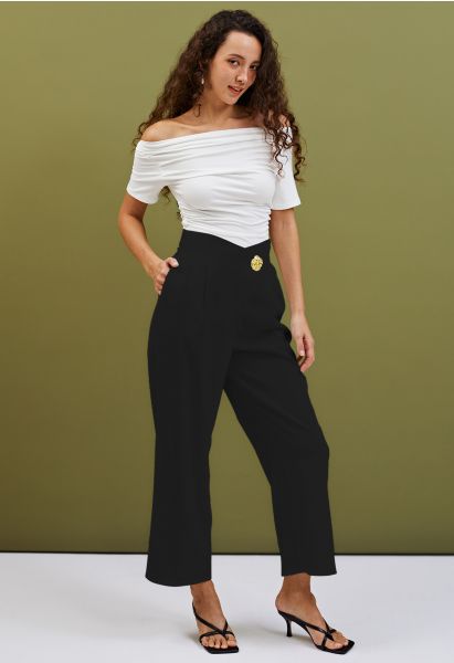 Golden Button Cross Waist Straight-Leg Pants in Black