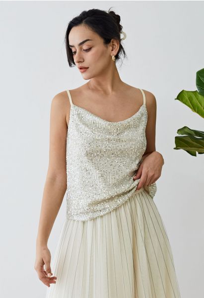 Cowl Neck Sequined Cami Top in Silver