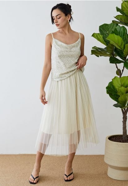 Contrast Lines Pleated Mesh Tulle Midi Skirt in Cream