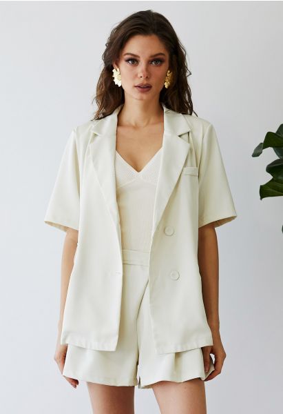 Buttoned Slit Back Blazer and Shorts Set in Ivory
