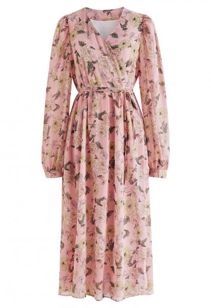 Floral Printed Wrap Chiffon Dress in Pink