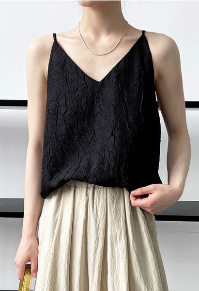 Embossed Texture V-Neck Cami Top in Black