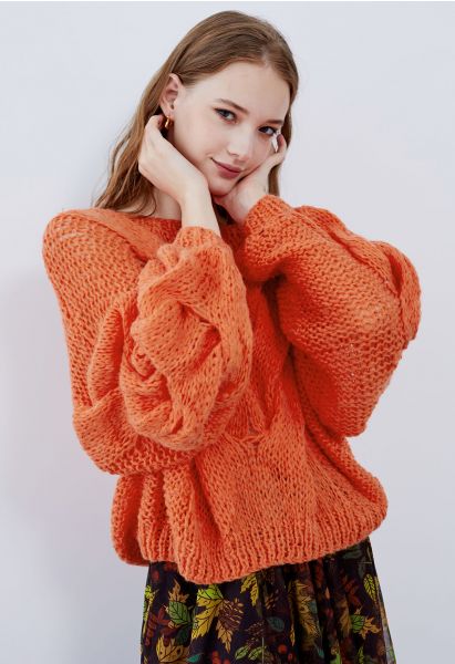 Hand-Knit Puff Sleeves Sweater in Orange