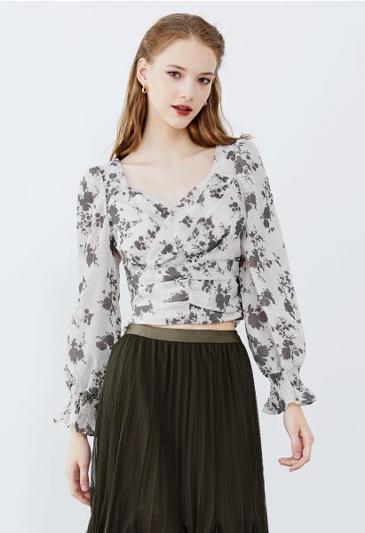Surplice Sweetheart Neck Floral Tie-Back Top in Ivory