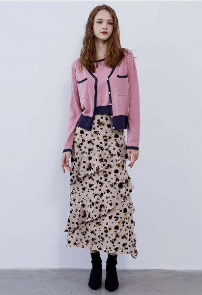Inky Spots Printed Ruffle Chiffon Skirt in Dusty Pink