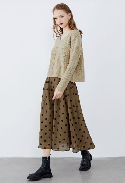 Texture Polka Dot Printed Pleated Maxi Skirt in Tan
