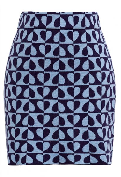 Bicolor Heart Pattern Knit Mini Bud Skirt in Blue