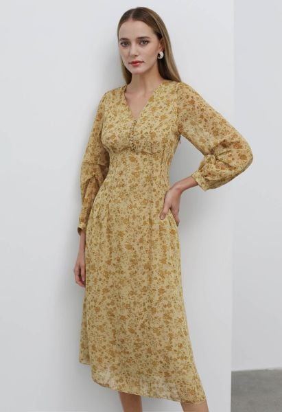 Ditsy Floral Lantern Sleeve Midi Dress