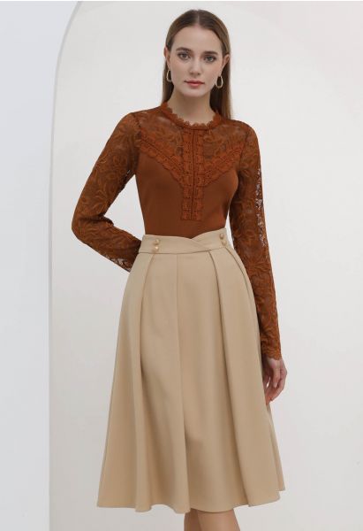 Button Embellished Waist Pleated Midi Skirt in Sand