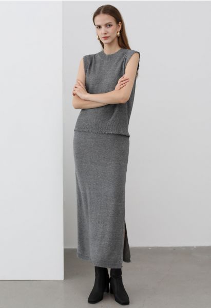 Frayed Hemline Side Slit Knit Maxi Skirt in Grey