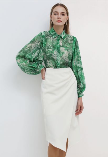 Buttoned Pleats Irregular Flap Midi Skirt in Ivory