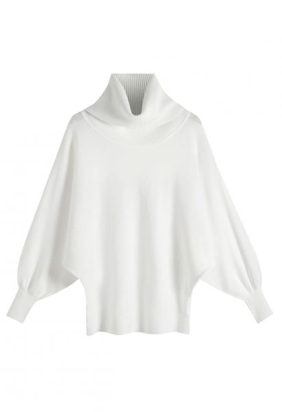 Turtleneck Batwing Sleeves Rib Sweater in White