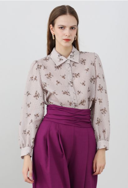 Floret Print Texture Button Down Shirt in Dusty Pink