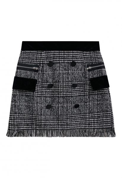 Houndstooth Plaid Fringed Hemline Mini Skirt