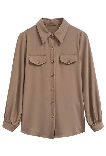 Modern Flair Button-Accented Chiffon Shirt in Tan