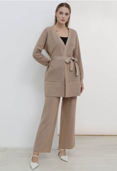 Tie-Waist Knit Cardigan and Pants Set in Camel