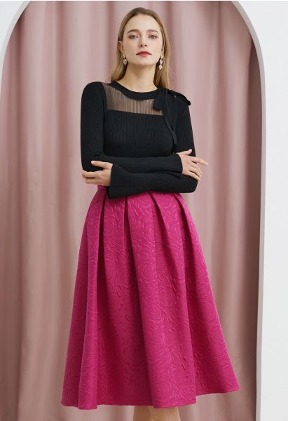 Embossed Floral Pleated Flare Midi Skirt in Hot Pink