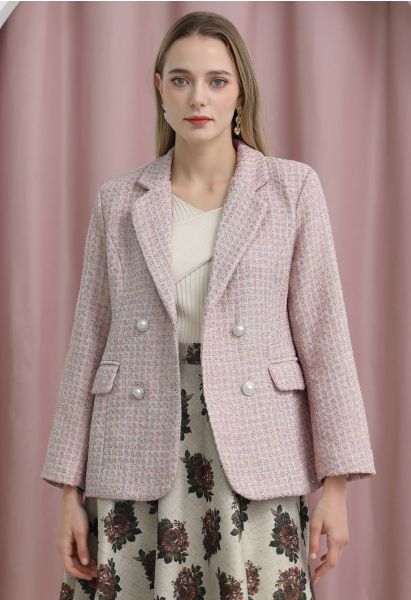 Metallic Tweed Double Breasted Blazer in Light Pink