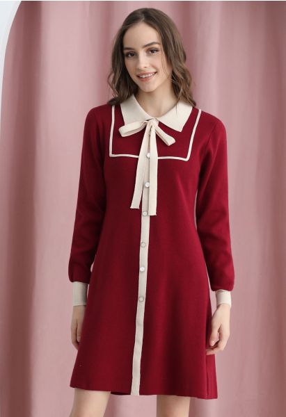 Contrast Edge Polo Knit Dress in Red