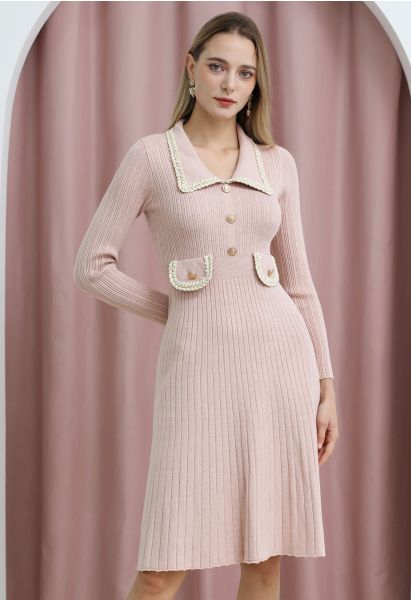 Collared Braided Edge Knit Midi Dress in Pink