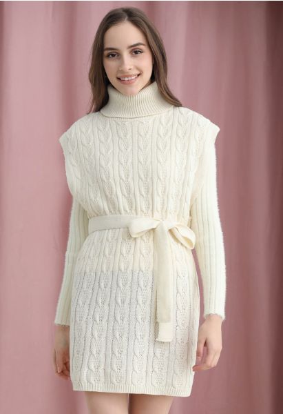 Turtleneck Cable Knit Sleeveless Sweater Dress in Cream