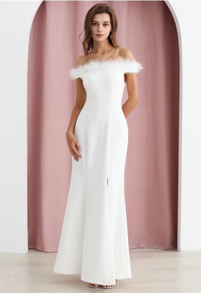 Feather Trim Neckline Slit Gown in White