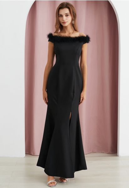 Feather Trim Neckline Slit Gown in Black