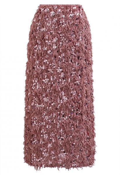 Full Feather Sequined Pencil Skirt in Pink