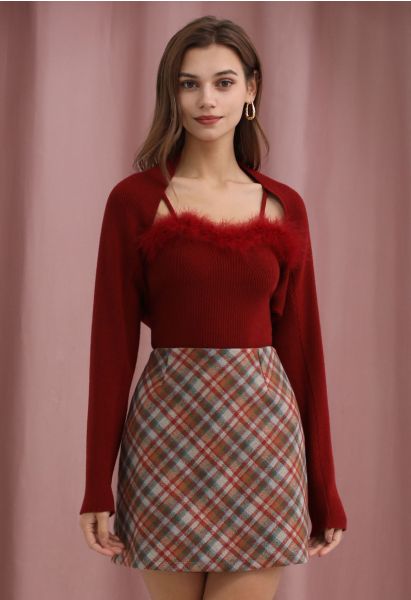 Retro Plaid Wool-Blend Mini Bud Skirt in Red