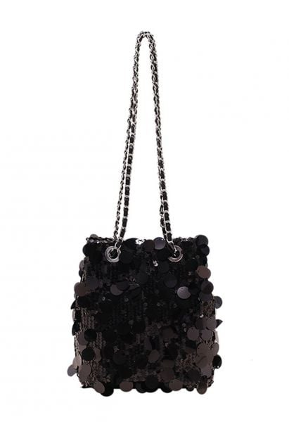 Full Sequin Sparkle Bucket Bag in Black