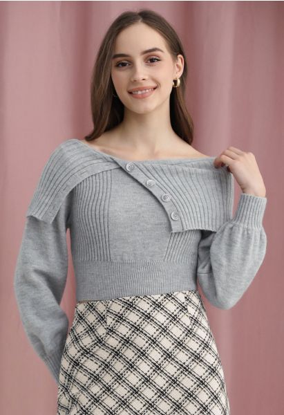 Flap Buttoned Collar Knit Crop Top in Grey