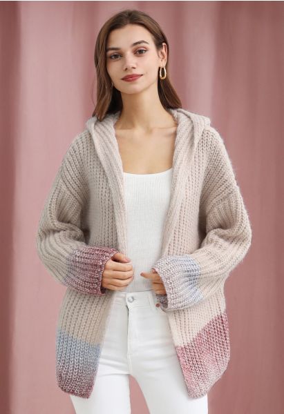 Gradient Pink Sequin Open Front Hooded Knit Cardigan